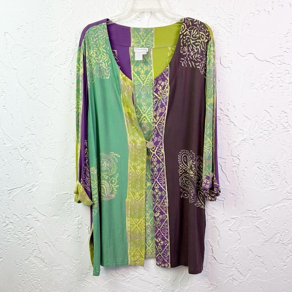 Soft Surroundings Purple Green One Button 3/4 Sleeve Cardigan Size Large
